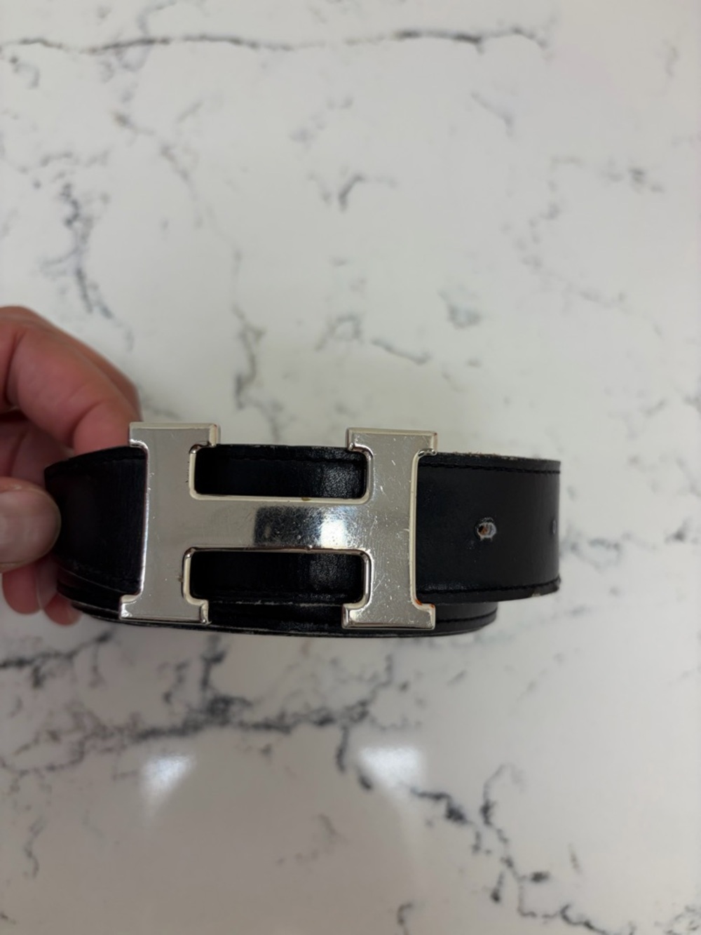 Hermes Black Leather Belt with Silver H Buckle